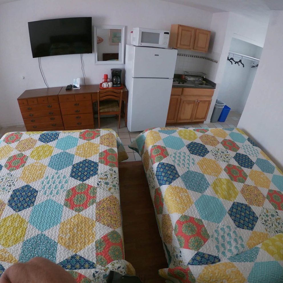 Efficiency room kitchenette and double queen beds at Sea Chest Motel Wildwood Crest